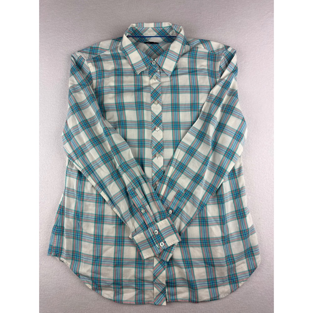 Talbots Womens Small Plaid Button Down Shirt Teal Pink White Cotton Rayon Blend